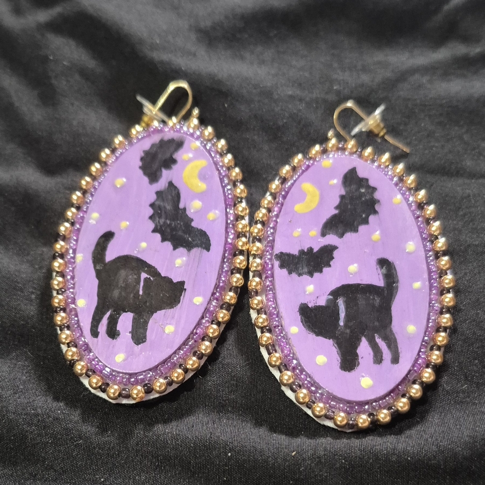Whimsical Purple and Gold Cat Earrings